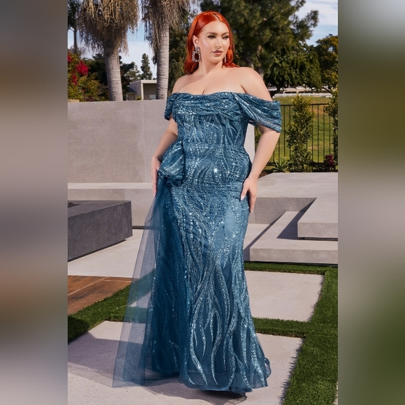 Plus size Eggplant purple or blue fitted off shoulder glitter long floor lengt… - Picture 5 of 8